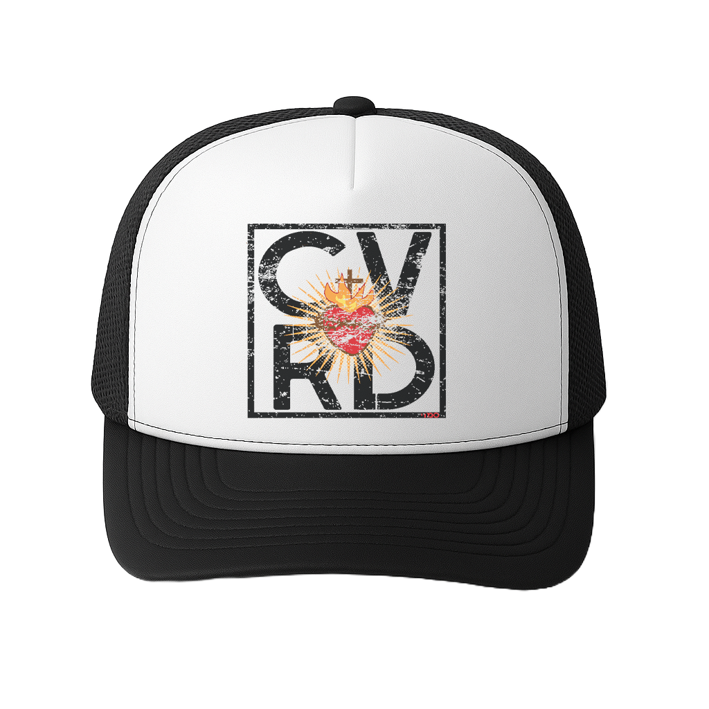 CVRD  Heart of Flame Trucker Hat – Black & White Faith-Based Mesh Cap