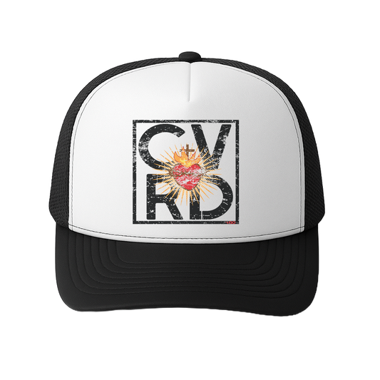 CVRD  Heart of Flame Trucker Hat – Black & White Faith-Based Mesh Cap